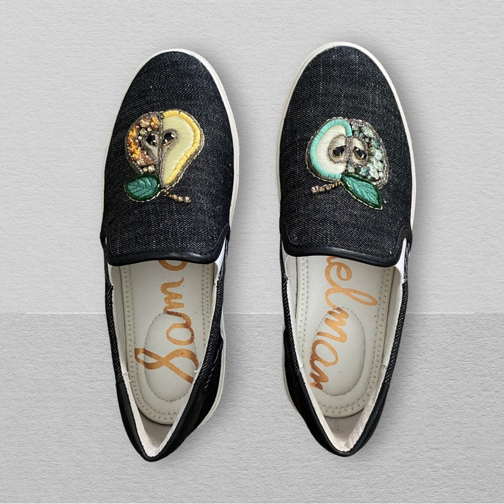 Sam Edelman denim apple and pear embroidered embellishment sneakers - Size 6.5M